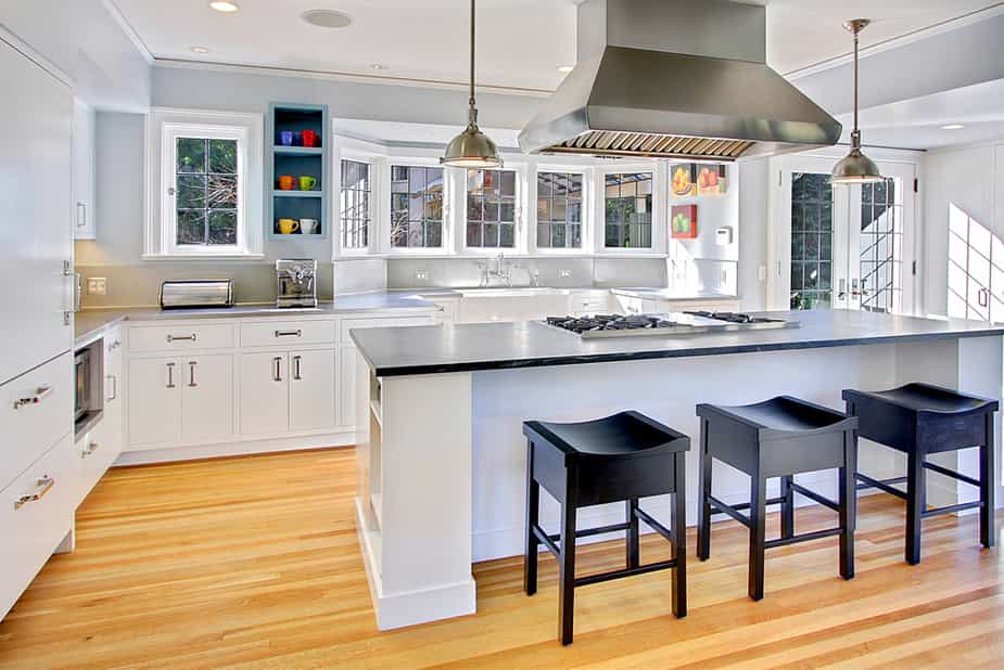 White Kitchen with Natural Bamboo Flooring
